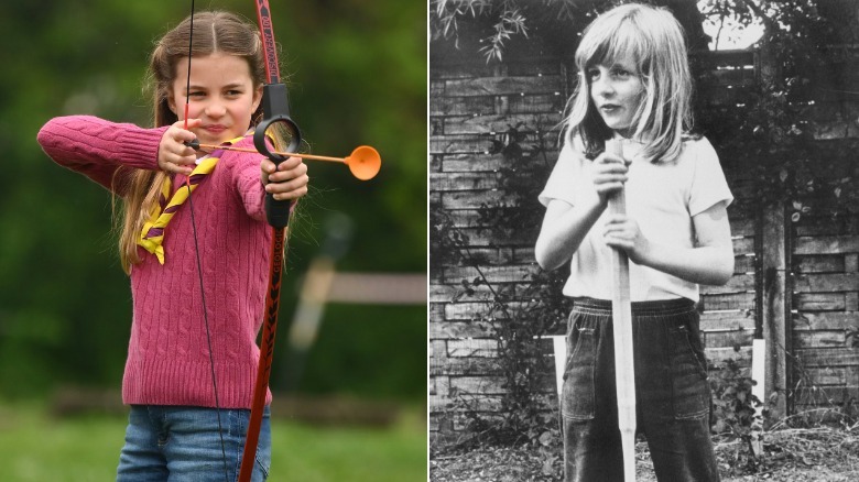 Split image of Princess Charlotte and Princess Diana as children outside