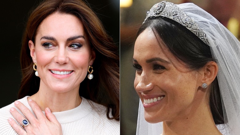 Split image of Catherine Middleton with her engagement ring and Meghan Markle in a tiara and veil