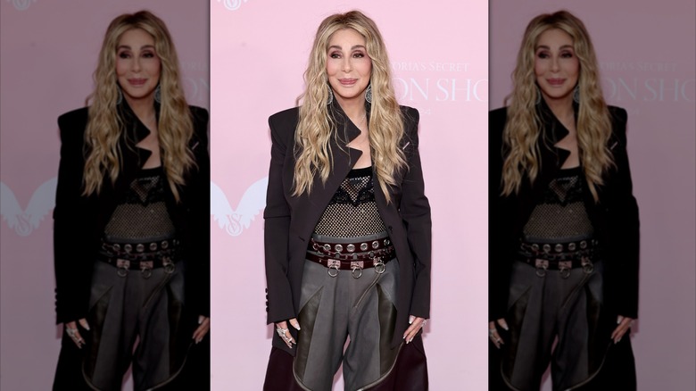 Cher smiles with a mesh shirt and black jacket