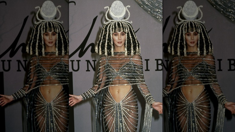 Cher in a glittering, midriff baring outfit