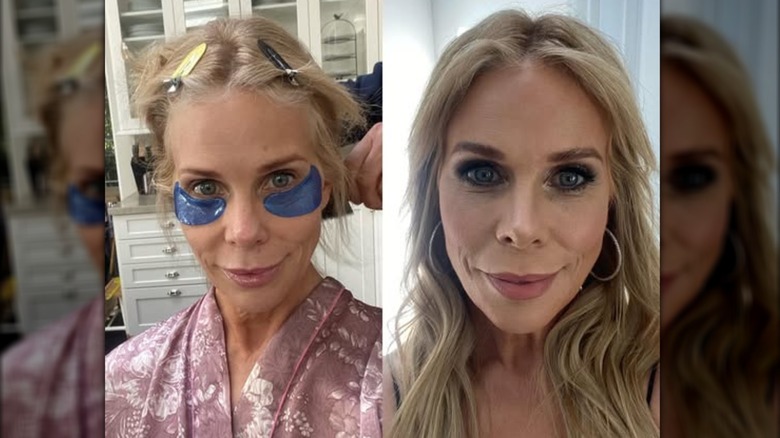 Split screen of Cheryl Hines before and after applying makeup
