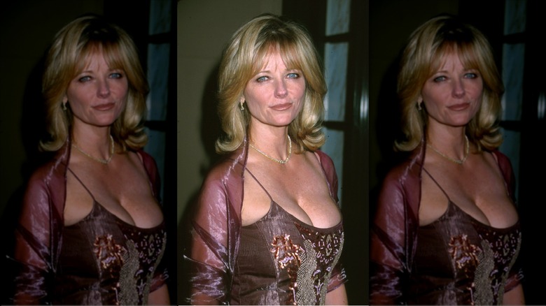 Cheryl Tiegs posing for cameras in a brown embroidered dress, plum shawl, and her midlength blond hair blown out with bangs