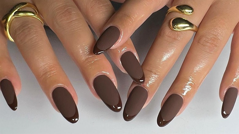 Matte chocolate nails with glossy French tips