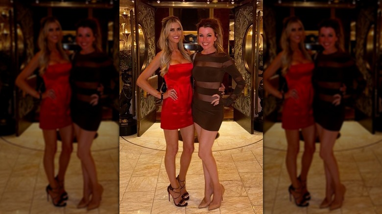 Christina Haack in a red mini dress in front of a restaurant with friend
