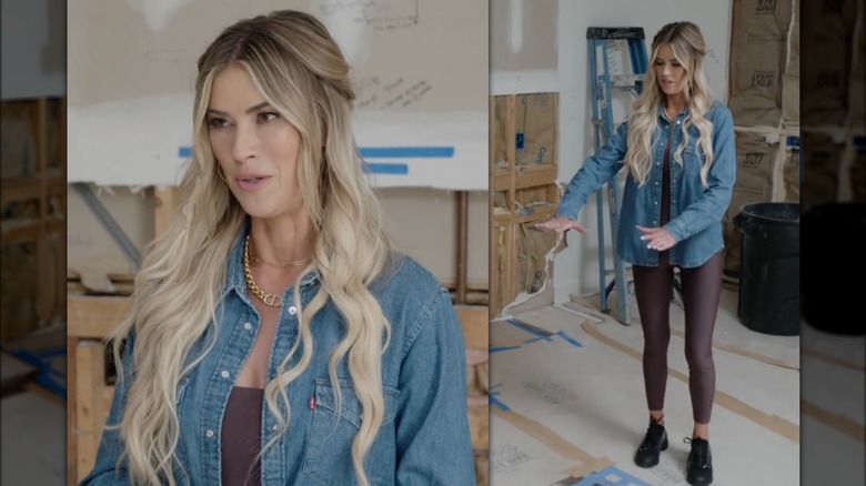 Split image of Christina Haack wearing a denim button-up over a spandex set