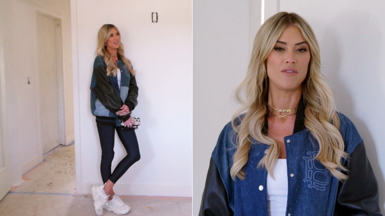 Split image of Christina Haack dressed in leggings and a baseball jacket on "The Flip Off" (2025)