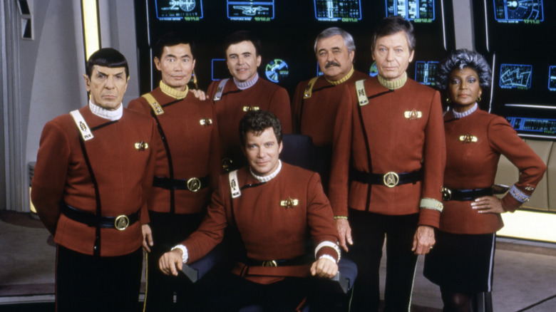 Leonard Nimoy, George Takei, Walter Koening, DeForest Kelley, Nichelle Nichols, and William Shatner on the set of Star Trek V: The Final Frontier