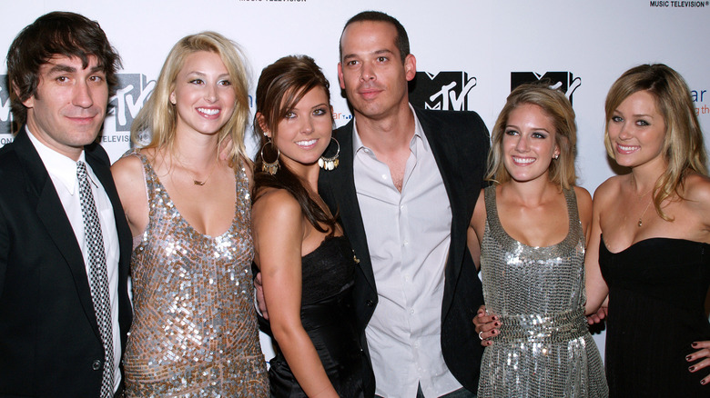 Brent Bolthouse, Whitney, Audrina, Adam DiVello, Heidi and Lauren Conrad pose on the MTV red carpet