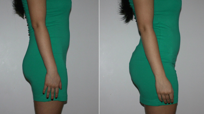 Split image of woman wearing shape wear under green dress vs. not
