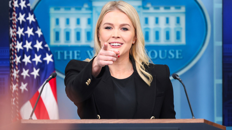 Karoline Leavitt talks to reporters in the White House press room in February 2025