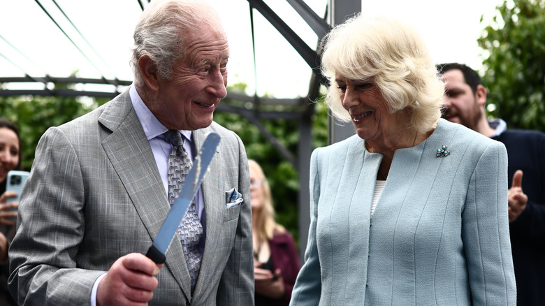 King Charles and Queen Camilla smiling as they cut a cake