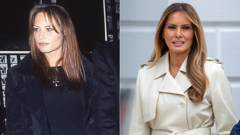 Composite image of Melania Trump before (1999) and after (2025) hair extensions