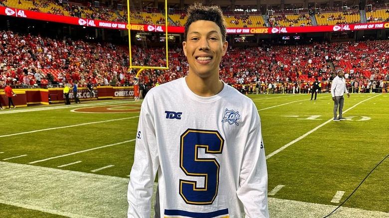 Jackson Mahomes smiling on field