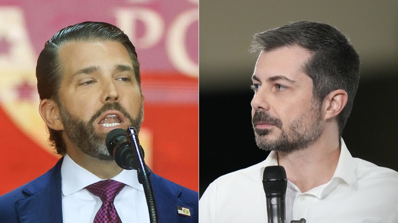 A split image of Donald Trump Jr. and Pete Buttigieg speaking at microphones