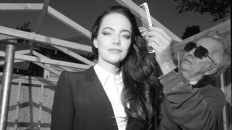 Behind the scenes shot of Emma Stone while on set for "Bugonia" (2026)