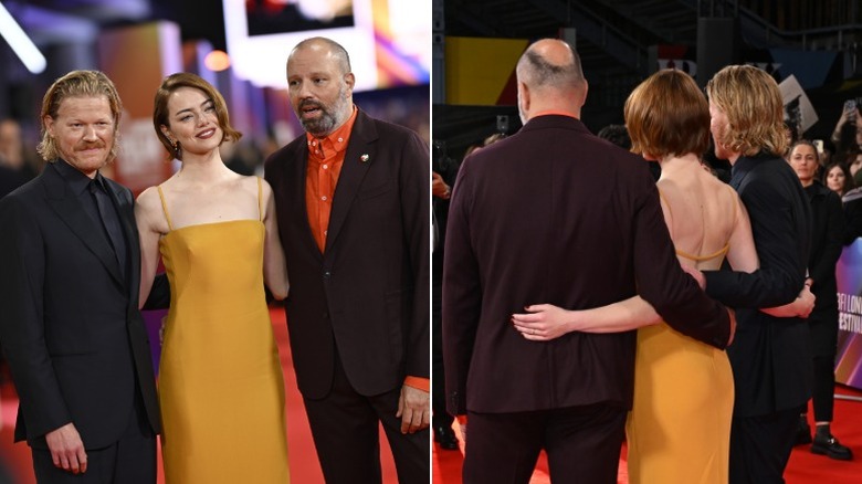 Split image of Jesse Plemons, Emma Stone, and Yorgos Lanthimos embracing from the front, and a shot from the back in London, England (2025)
