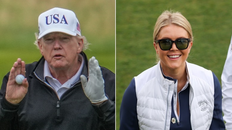 Split image of Donald Trump and Karoline Leavitt walking on golf courses