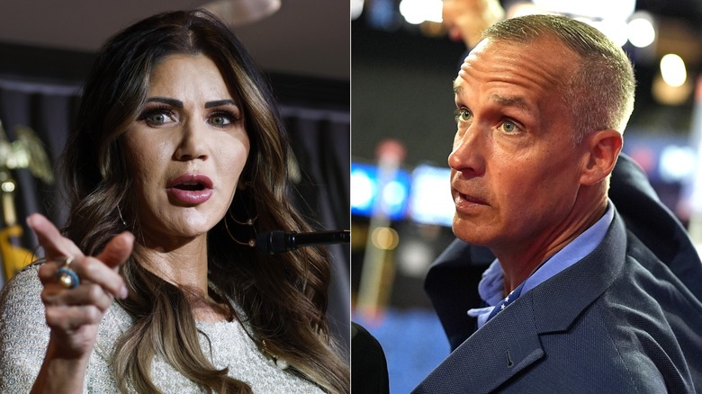 Split image of Kristi Noem pointing and Corey Lewandowski looking surprised
