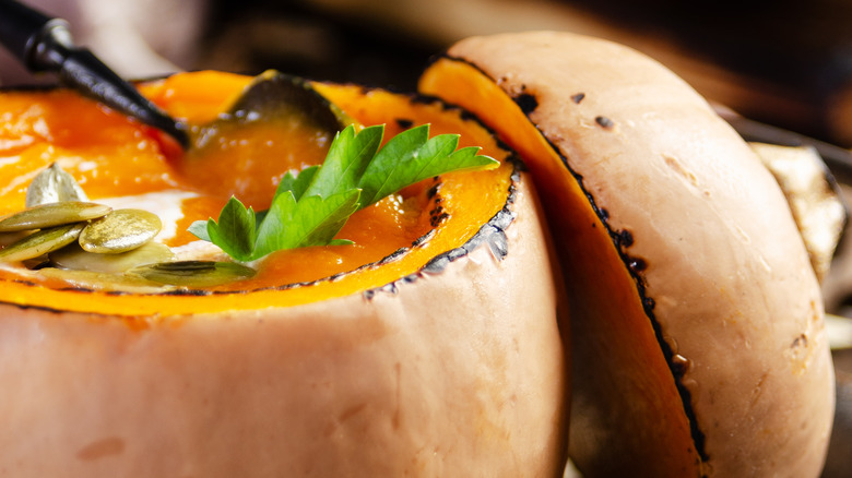 Pumpkin shell filled with soup