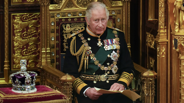 King Charles III sitting next to crown