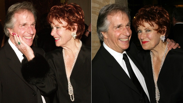 split screen of Marion Ross touching Henry Winkler's cheek and Henry Winkler with his arm around Marion Ross while she looks mischievous