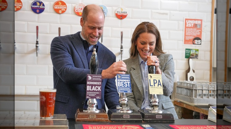 Kate Middleton and Prince William using beer taps