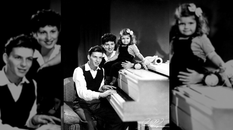 Frank Sinatra sits at the piano while his wife, Nancy, and daughter, Nancy Jr., join him. Taken in 1944.