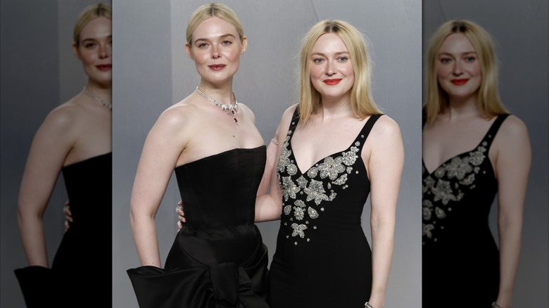 Elle Fanning and Dakota Fanning attend the 2026 Vanity Fair Oscar Party hosted by Mark Guiducci at Los Angeles County Museum of Art on March 15, 2026 in Los Angeles, California.