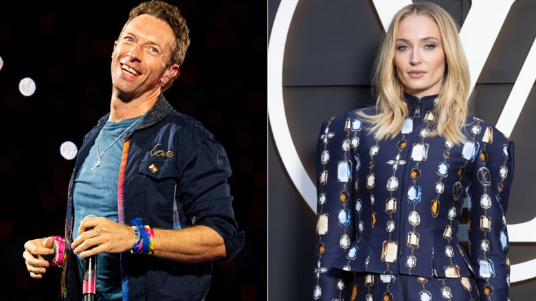 Photos of Chris Martin and Sophie Turner wearing blue side by side