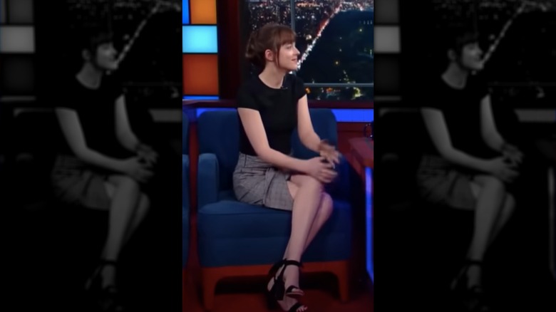 Dakota Johnson talking on The Late Show with Stephen Colbert in 2016