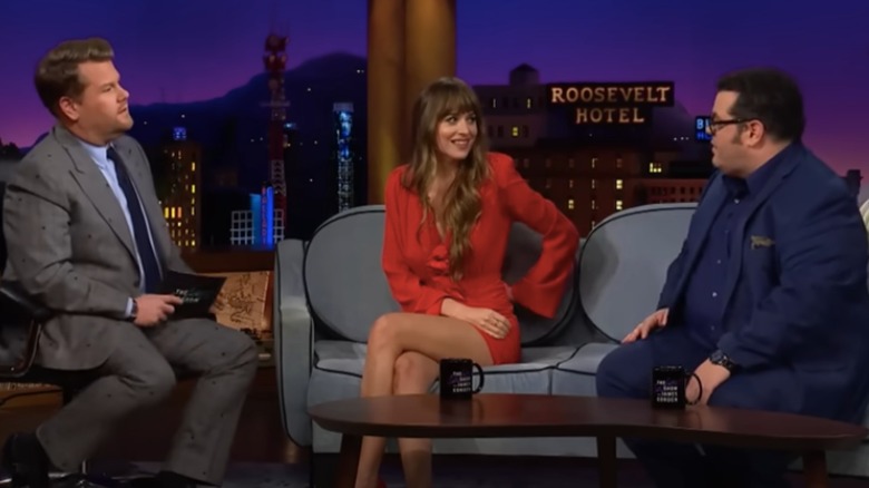 Dakota Johnson  talking with James Corden and Josh Gad on The Late Late Show with James Corden