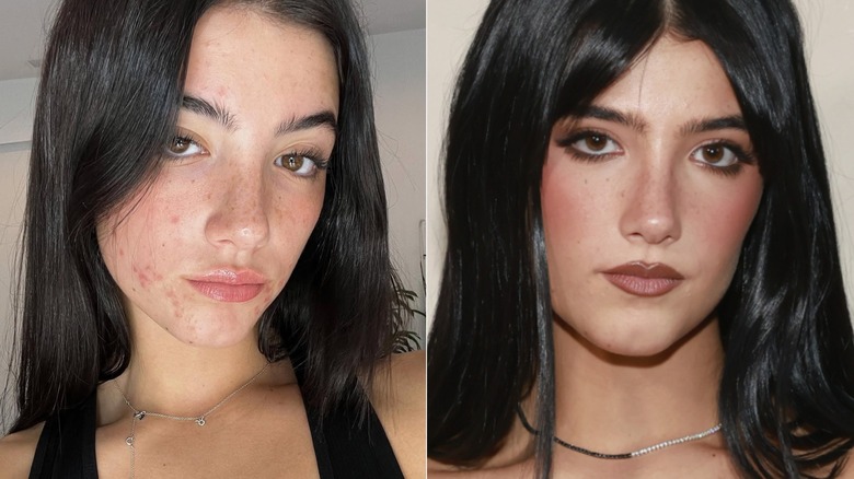 Split image of Charli D'Amelio without and with makeup