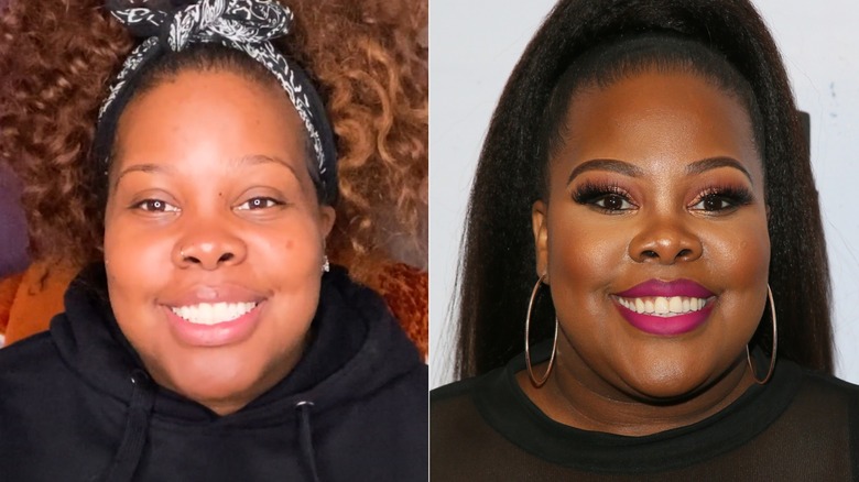 Split image of Amber Riley without and with makeup