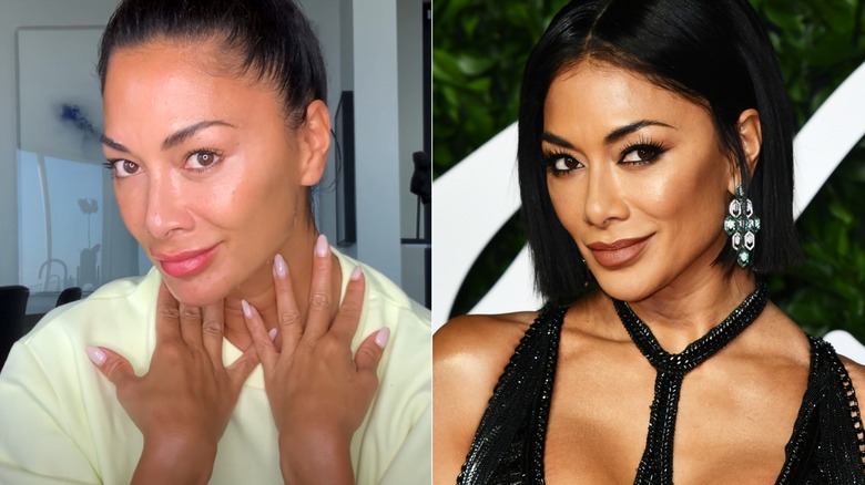 Split image of Nicole Scherzinger without and with makeup