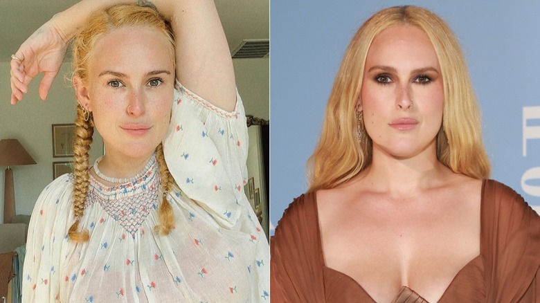 Split image of Rumer Willis without and with makeup