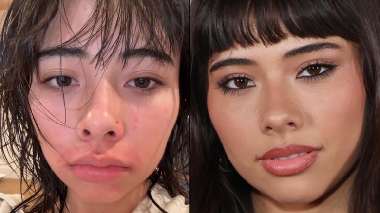 Split image of  Xochitl Gomez without and with makeup