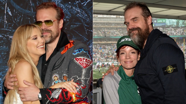 Side-by-side photos of David Harbour with Millie Bobby Brown and Lily Allen