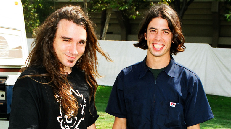 Dave Abbruzzese of Pearl Jam and Dave Grohl of Nirvana smiling in the 1990s