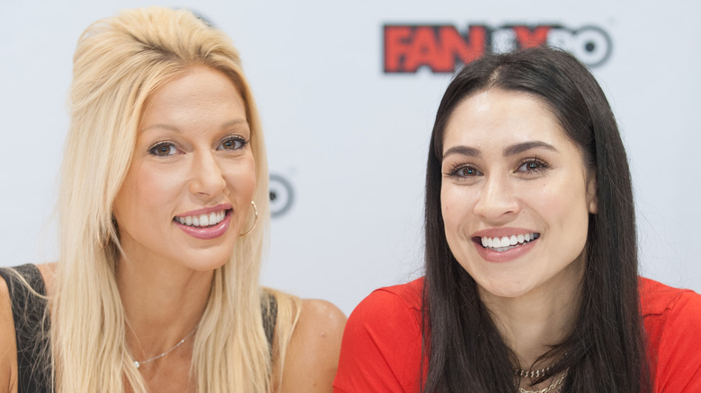 Miriam McDonald and Cassie Steele smile together at a fan expo.
