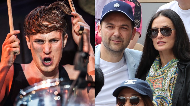Split image of Sean Friday playing drums and Demi Moore at a game with Daniel Humm