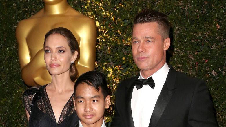 Angelina Jolie, Brad Pitt, and Maddox posing 