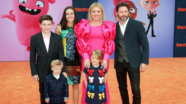 Seth Blackstock, Remington Alexander Blackstock, Savannah Blackstock, Kelly Clarkson, River Rose Blackstock, and Brandon Blackstock at the premiere of 'Ugly Dolls' in Los Angeles in April 2019