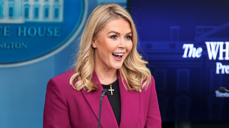 Karoline Leavitt talks to reporters in the White House press room in January 2025