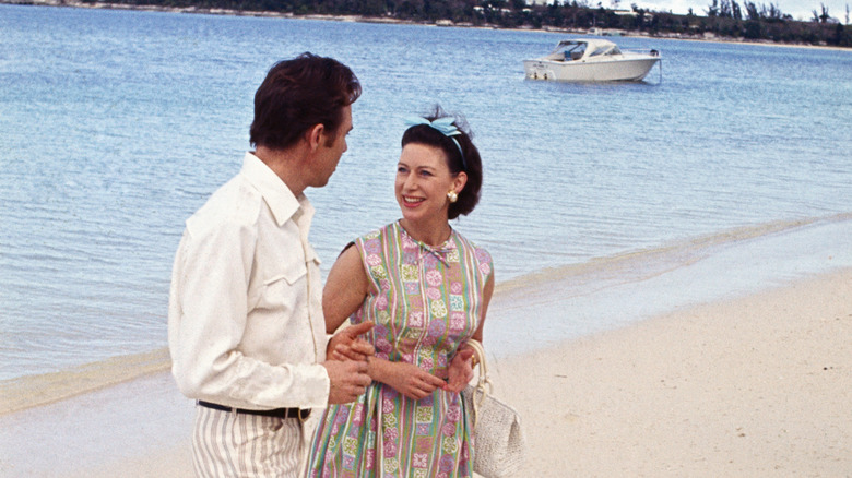 Princess Margaret and Lord Snowdon on beach in Mustique