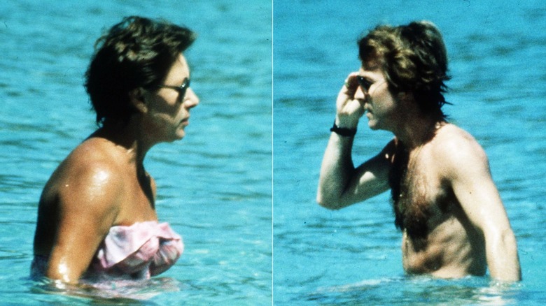 Split image of Princess Margaret and Roddy Llewellyn swimming in the sea on Mustique