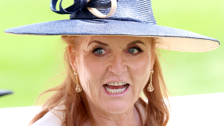 Closeup of Sarah Ferguson at Ascot in wide-brimmed hat