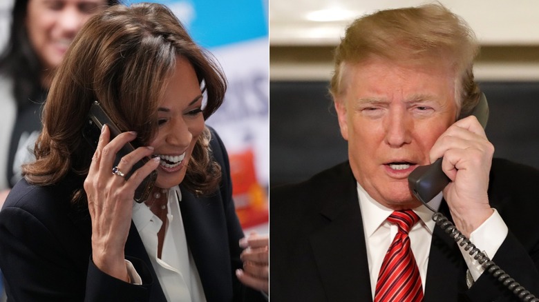 Split image of Kamala Harris and Donald Trump on the phone