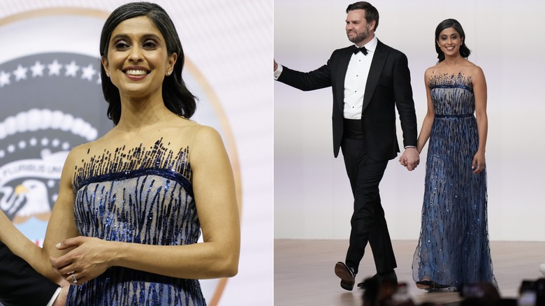 A close up and wide shot of Usha Vance's dress
