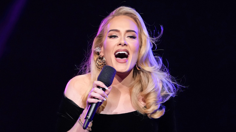 Adele performing while holding a microphone