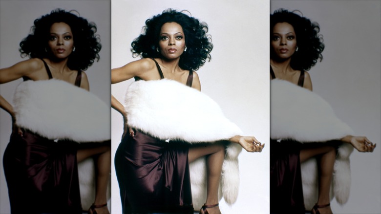 Diana Ross posing for a photoshoot in a brown silk dress and large white fur shawl draped over her chest into her arm